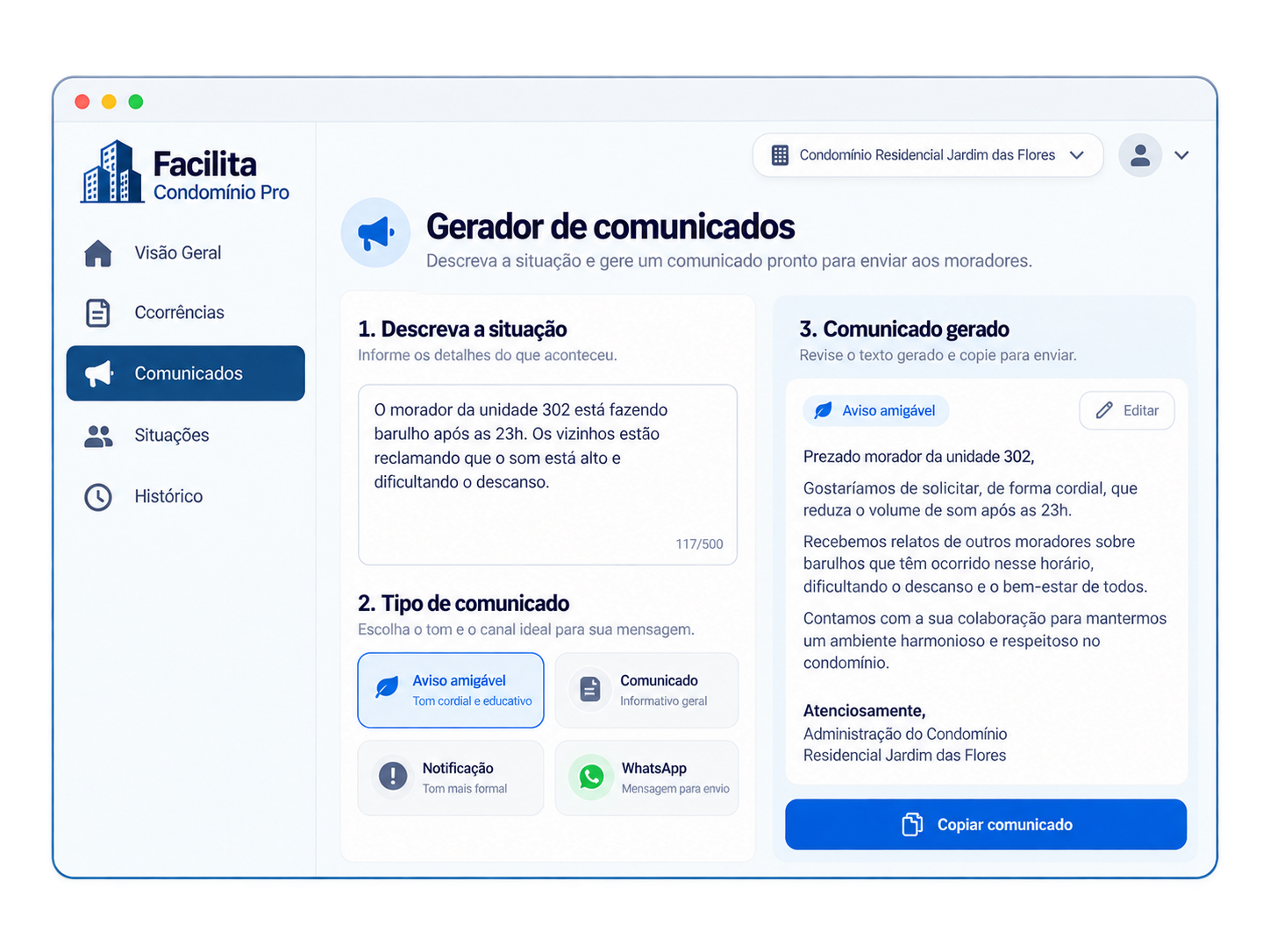 Gerador de comunicados com descrição da situação e uma mensagem profissional pronta para enviar