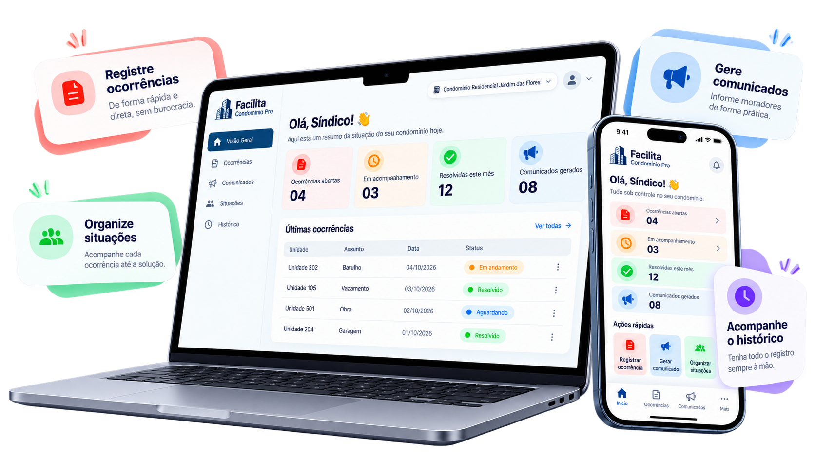 Facilita Condomínio Pro em notebook e celular com dashboard, ocorrências, comunicados e histórico