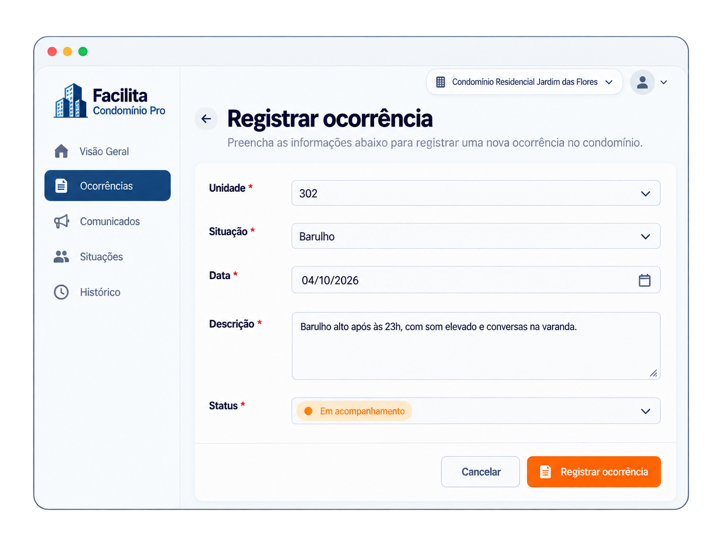 Tela de registro de ocorrência com unidade, situação, data, descrição e status